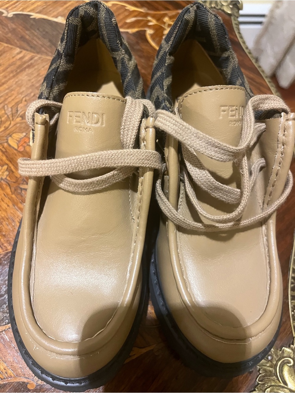 Authentic Fendi Kids Tan Leather Lace-Up Slip-On Loafers